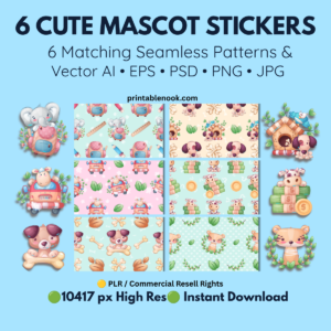 6 Cute Mascot Character Stickers & Seamless Patterns-printablenook.com