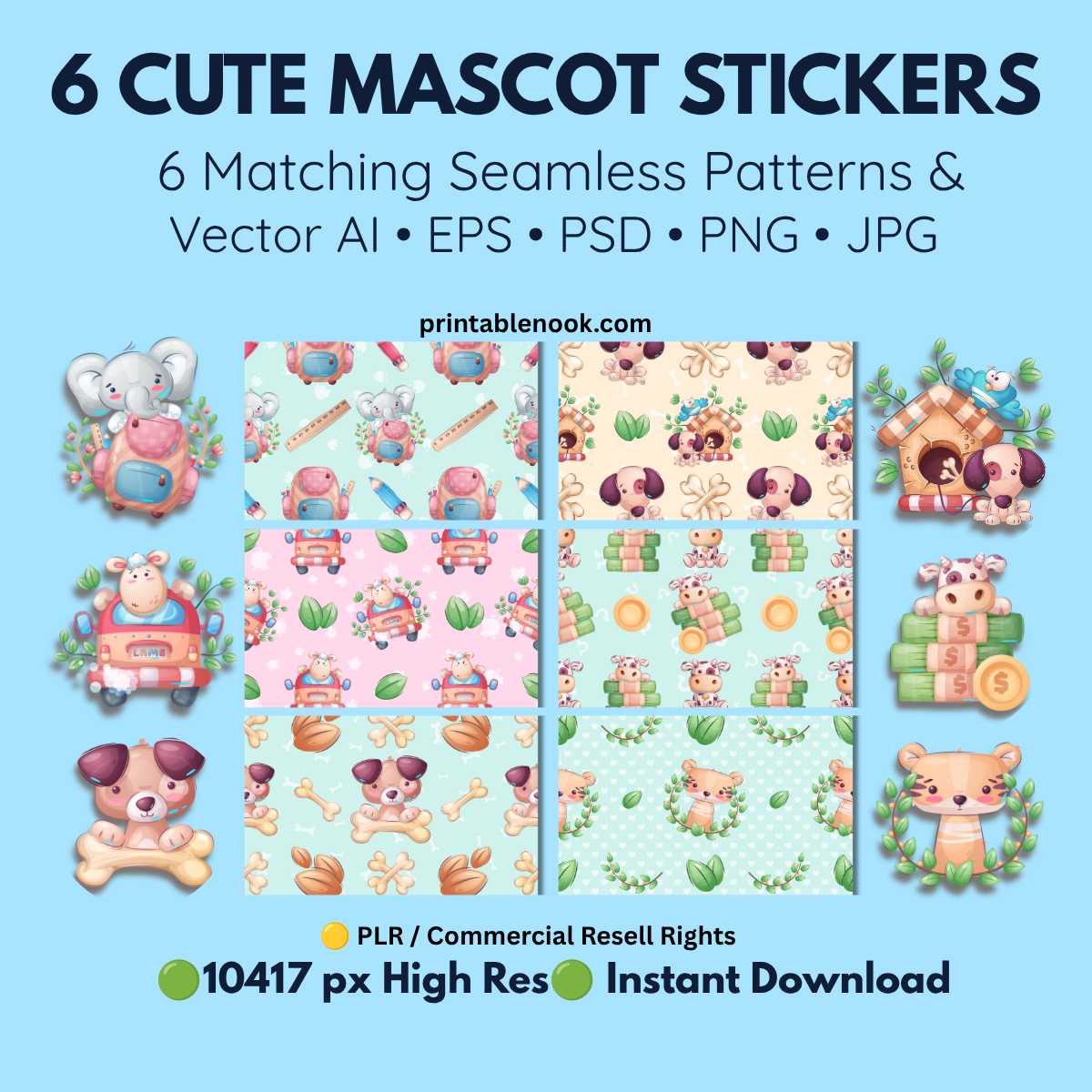 6 Cute Mascot Character Stickers & Seamless Patterns-printablenook.com